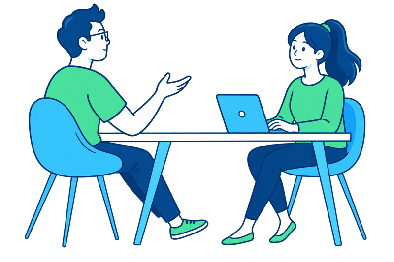 An interview in progress, one person speaking while the other takes notes
