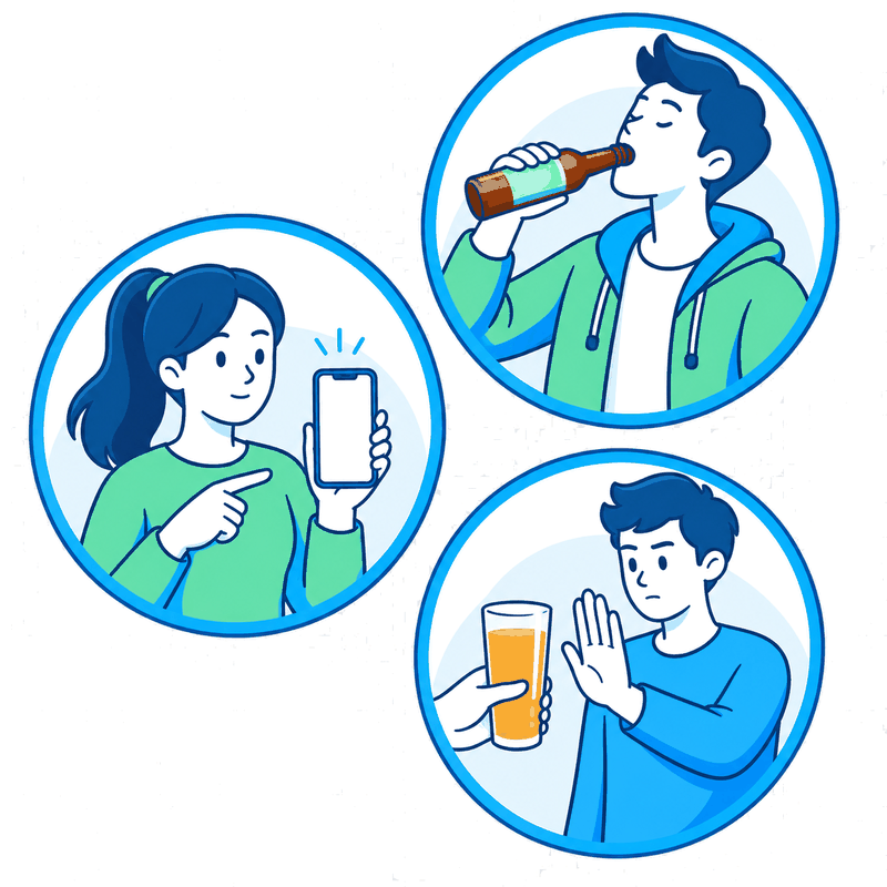 Reporting on a phone, drinking, and declining a drink